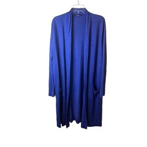 Laurèl By Escada Blue Linen Open Front Knee Length Lightweight Duster Pockets 16